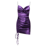Women Chest Pleated Pile Collar Side Drawstring Slim Skirt Dress