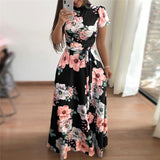 Women Short Sleeve Long Boho Floral Print Maxi Bandage Dress