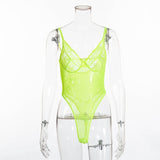 Women Sheer Lace Bodysuit Backless Transparent Mesh Bow Jumpsuit