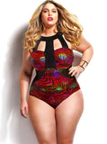 High Waist Floral Printing One Piece Push up Padded Halter Plus Size Swimwear