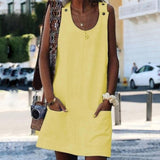 Women O-neck Button Solid sleeveless Pockets A-line Mini Dress