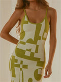 Women Geometric Print Long Spaghetti Straps Backless Sling Dress