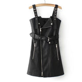 Women PU Leather V Neck Mini Sash Zipper Sundress Vestidos