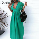 Simplee Women's Elegant V Neck Long Dresses Ruffles High Waist
