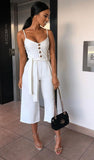 Spaghetti Strap Women Knee Length Jumpsuit Elegant Sashes Buttons