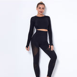 Women 2Pcs Set Seamless Crop Long Sleeve Top Push Up High Waist Pants