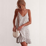 Women Floral Print V Neck Sleeveless Spaghetti Strap Mini Ruffle Sundress