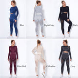 Women 2Pcs Set Seamless Crop Long Sleeve Top Push Up High Waist Pants