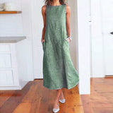 Women Maxi Sleeveless Linen Long Dress Striped Cotton Baggy