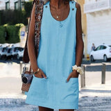 Women O-neck Button Solid sleeveless Pockets A-line Mini Dress