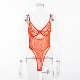 Women Sheer Lace Bodysuit Backless Transparent Mesh Bow Jumpsuit