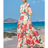 Women's Beach Style Sling Big Swing Elastic Waist Strapless Sweet Print Dress