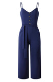 Spaghetti Strap Women Knee Length Jumpsuit Elegant Sashes Buttons
