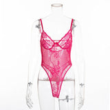 Women Sheer Lace Bodysuit Backless Transparent Mesh Bow Jumpsuit
