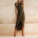 Women Bohemian Personality Slim Tunic Long Short-Sleeved Waistline Asymmetrical Dress