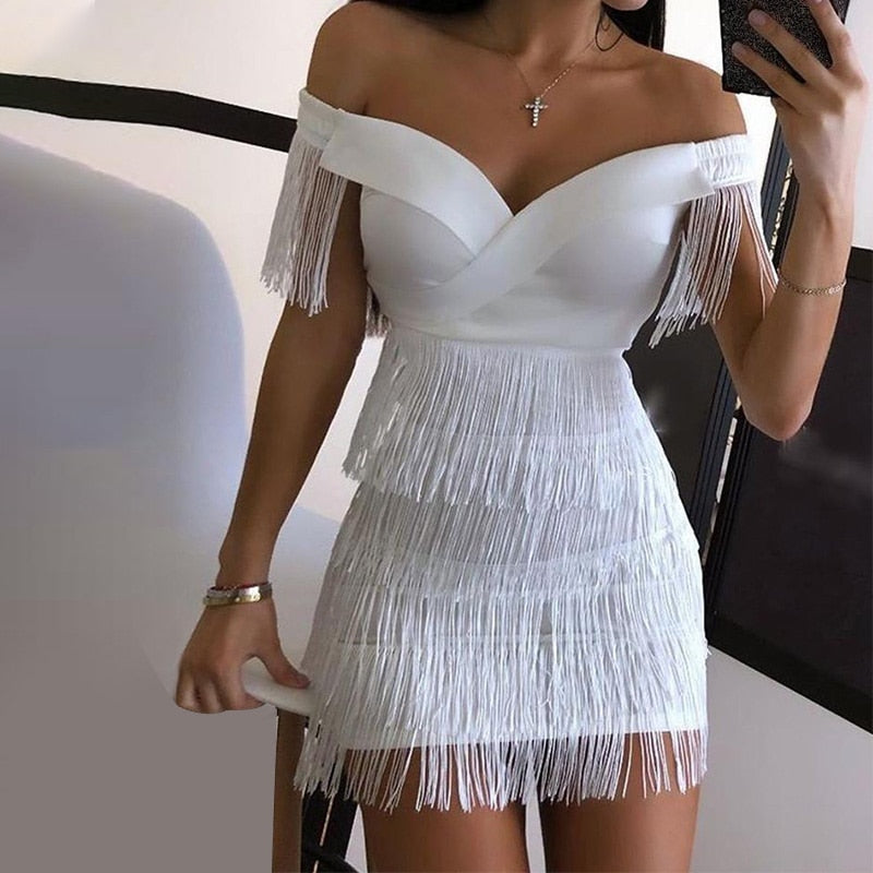 off the shoulder tassel dress Women Sleeveless Bodycon Off Shoulder Tassel Mini Short Bandage Dress