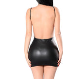 Women Imitation Leather Backless Spandex Short Mini Micro Dress