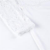 Women Off Shoulder Long Sleeve Sheer Lace Hollow Out Skinny Romper