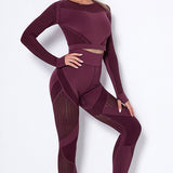 Women 2Pcs Set Seamless Crop Long Sleeve Top Push Up High Waist Pants