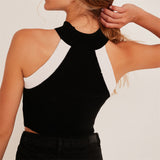 Women Cold Shoulder Elastic Crop Knitted Patchwork Sleeveless Tank Top