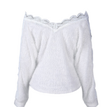 Women V Neck Lace Hollow Knit Sweater Long Sleeve Pullover Top