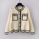 Women's O-neck Long Sleeve Pockets Knitted Cardigan Top