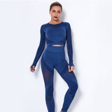 Women 2Pcs Set Seamless Crop Long Sleeve Top Push Up High Waist Pants