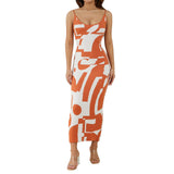Women Geometric Print Long Spaghetti Straps Backless Sling Dress