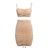 Women Drawstring Backless Sleeveless Top Short Skirt Two Piece Set