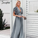 Simplee Women's Elegant V Neck Long Dresses Ruffles High Waist
