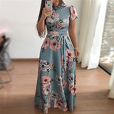 Women Short Sleeve Long Boho Floral Print Maxi Bandage Dress