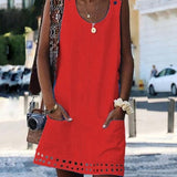 Women O-neck Button Solid sleeveless Pockets A-line Mini Dress