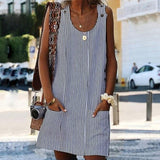 Women O-neck Button Solid sleeveless Pockets A-line Mini Dress