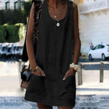 Women O-neck Button Solid sleeveless Pockets A-line Mini Dress