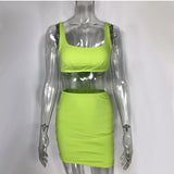 Women's Neon Colors  Lace Up Sleeveless Short Top Mini Skirt Two-Piece Set