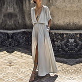 Women Loose Pockets Maxi Bohemian Deep V-Neck Long Short Batwing Sleeve Split Dress