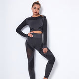 Women 2Pcs Set Seamless Crop Long Sleeve Top Push Up High Waist Pants
