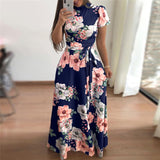 Women Short Sleeve Long Boho Floral Print Maxi Bandage Dress