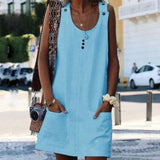 Women O-neck Button Solid sleeveless Pockets A-line Mini Dress
