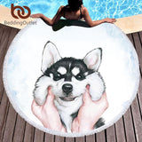 Round Beach Towel Tassel Husky Printed Microfiber Bath Blanket