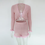 Cute Ruffled Mesh Trim Pink Shorts Set Two Piece Women Boho Knitted Crop Top High Waist