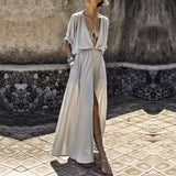 Women Loose Pockets Maxi Bohemian Deep V-Neck Long Short Batwing Sleeve Split Dress