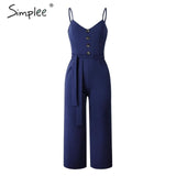 Spaghetti Strap Women Knee Length Jumpsuit Elegant Sashes Buttons