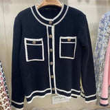 Women's O-neck Long Sleeve Pockets Knitted Cardigan Top