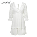 Simplee Women Elegant V Neck Embroidery Ruffle Pleated Cotton Lace Up Sleeveless Dress