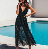 Women Sequin Lace See Through Mesh Long Elegant Evening Party Dress