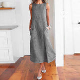 Women Maxi Sleeveless Linen Long Dress Striped Cotton Baggy