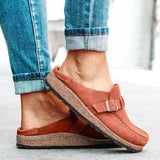 Women PU Slippers Solid Buckle Flats Shoes Slip-On Sandals