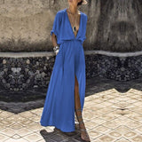 Women Loose Pockets Maxi Bohemian Deep V-Neck Long Short Batwing Sleeve Split Dress
