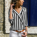 Women Striped Shirt Long Sleeve Blouse V-neck Top